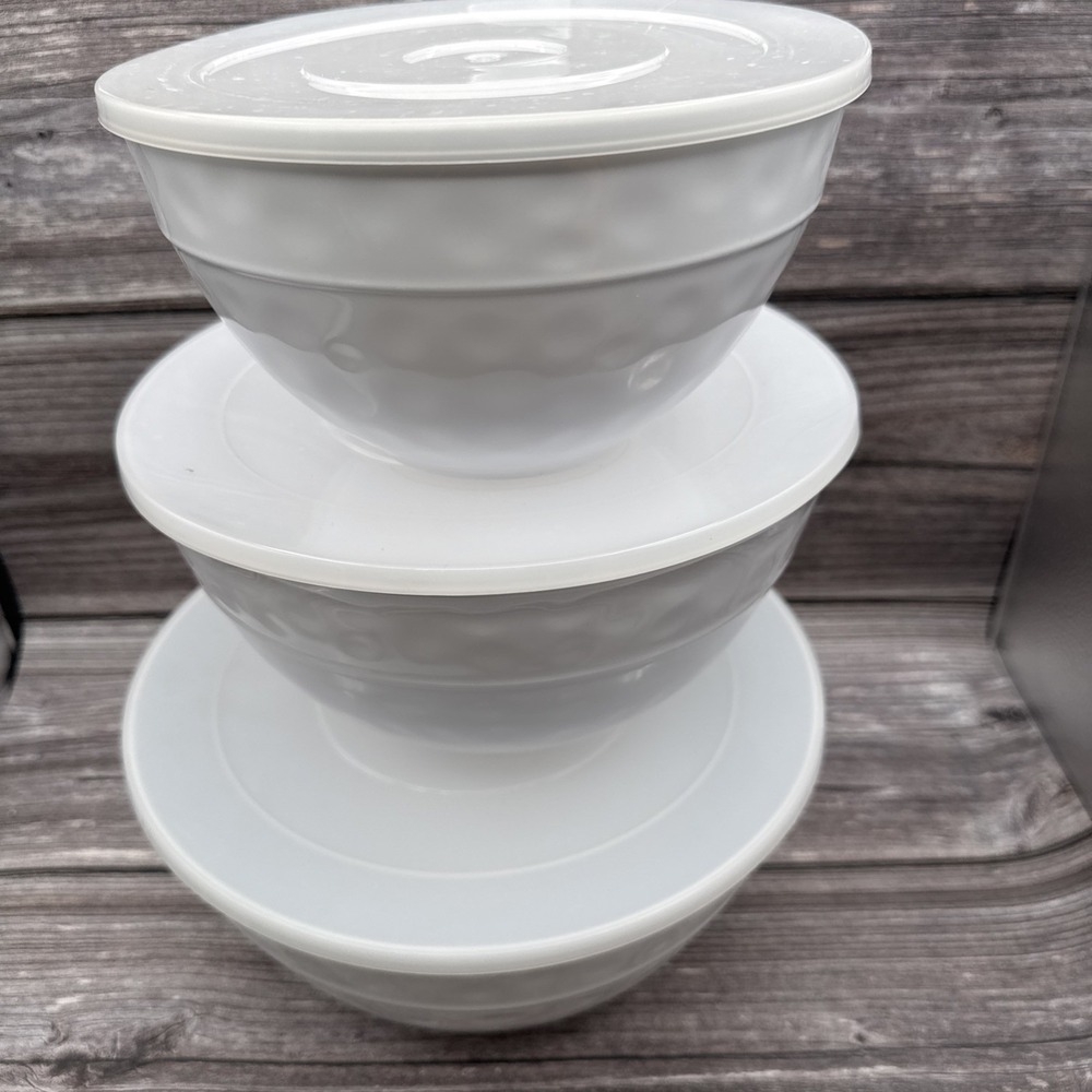 Crate & Barrel Orabel Bowl And Lid Set Mixing Storage White Dimpled Minimalist